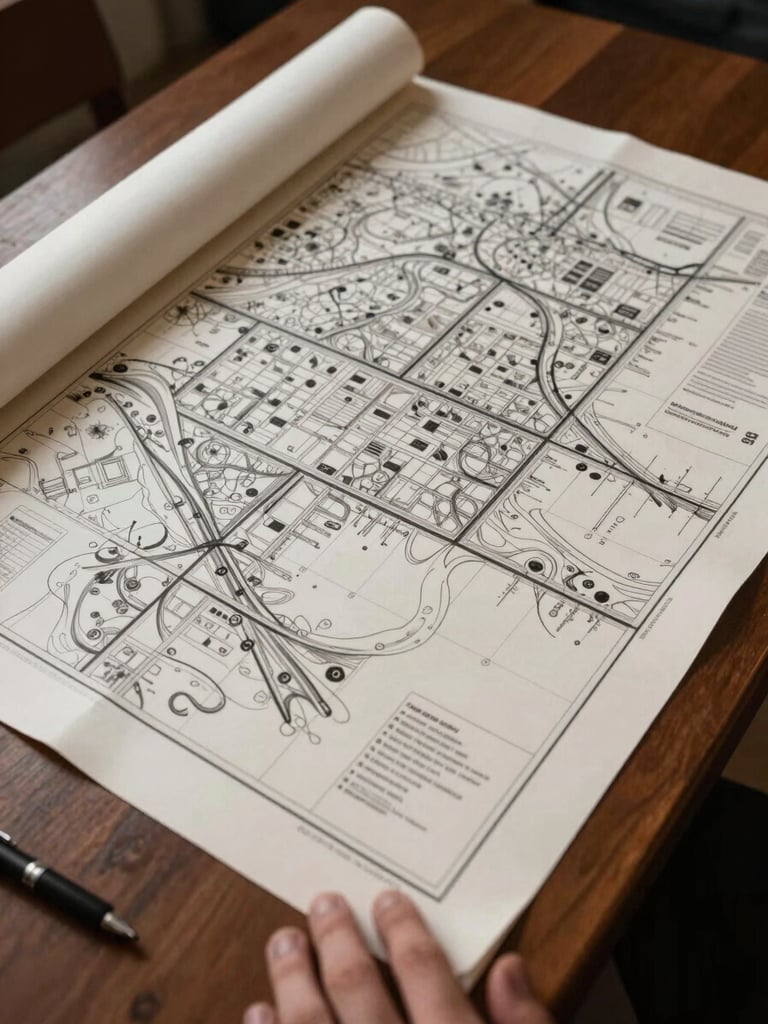 Wide overhead flatlay on a council planning table — a large-format printed institutional map spread open, sharp ink lines visible on cream cartographic paper, a hand resting at the lower edge with a technical pen, even north-facing studio light, no shadows, paper grain in focus