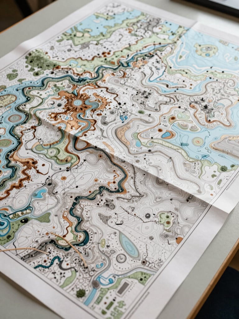 Overhead flatlay of a large-format printed topographic map spread across a light planning desk, close-up showing ink saturation on cartographic paper, precise linework visible under even north-facing daylight, no people
