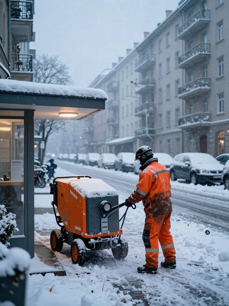 Action shot of a worker in orange gear clearing snow from a broad Vienna apartment building entrance at early morning, salt spreader visible, thick snowfall on parked cars in the background, cold blue-grey winter light