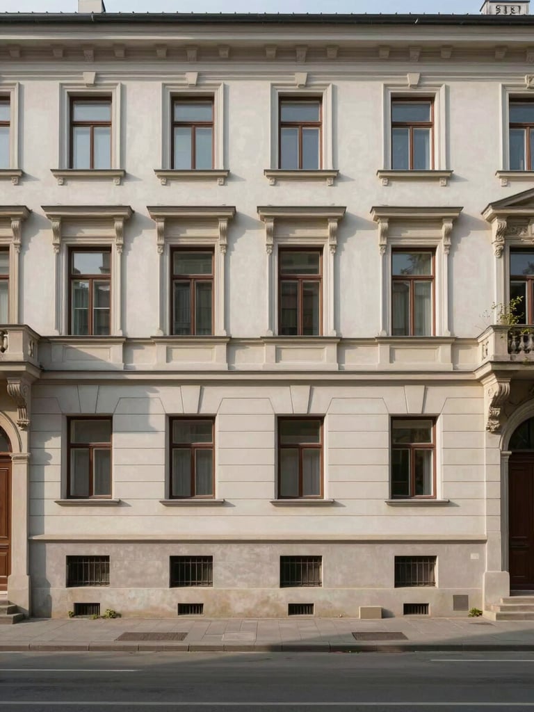 Wide environmental shot of a well-maintained Viennese residential building facade, clean stone and plaster surfaces under even morning daylight, empty street in the foreground, architectural precision, photojournalistic documentary style