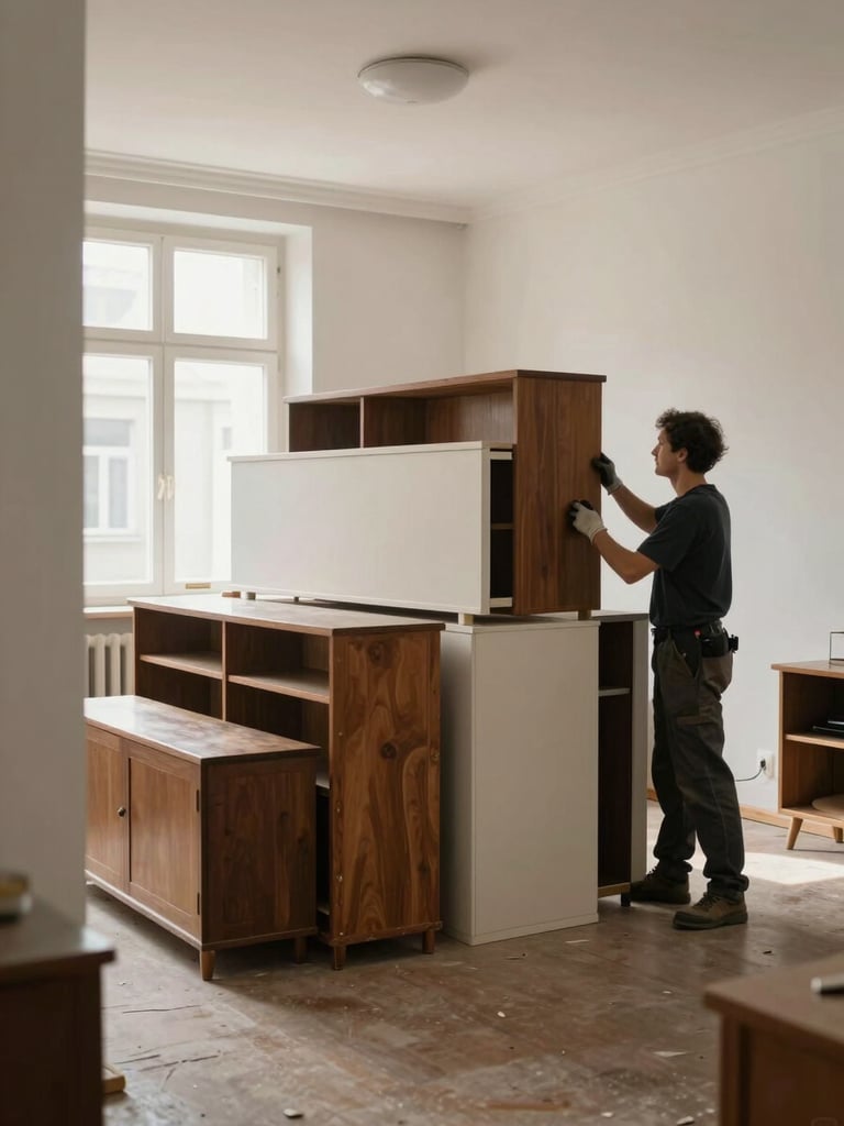 Wide shot of a cleared-out apartment room in Vienna, bulky furniture and old items stacked neatly at the entrance ready for removal, worker in work gloves assessing the space, even indoor light, bare clean floor visible