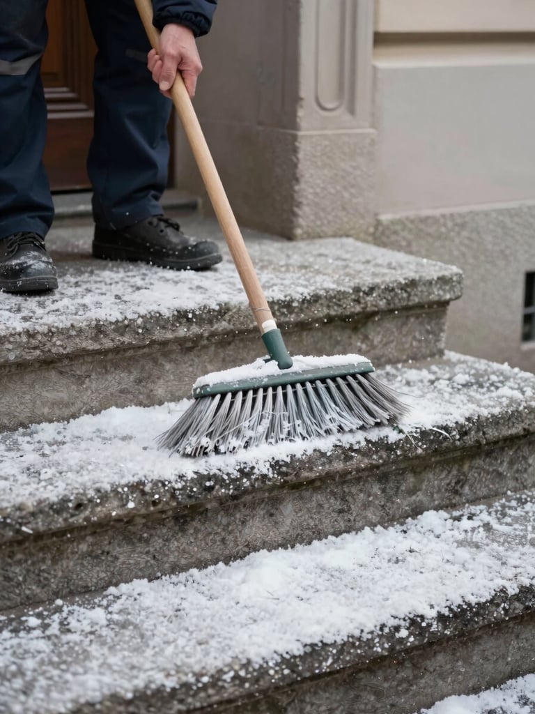 Close-up of a caretaker's hands using a broom on freshly salted stone steps of a Viennese apartment building entrance, winter light, concrete and salt texture visible, documentary framing from slightly above