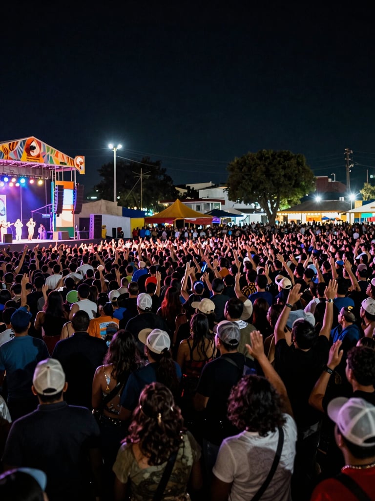 Wide-angle from inside the crowd at a Mexican outdoor festival, stage far left with colored lighting, thousands of people packed together under an open night sky, available venue light, energy visible in silhouettes and raised hands