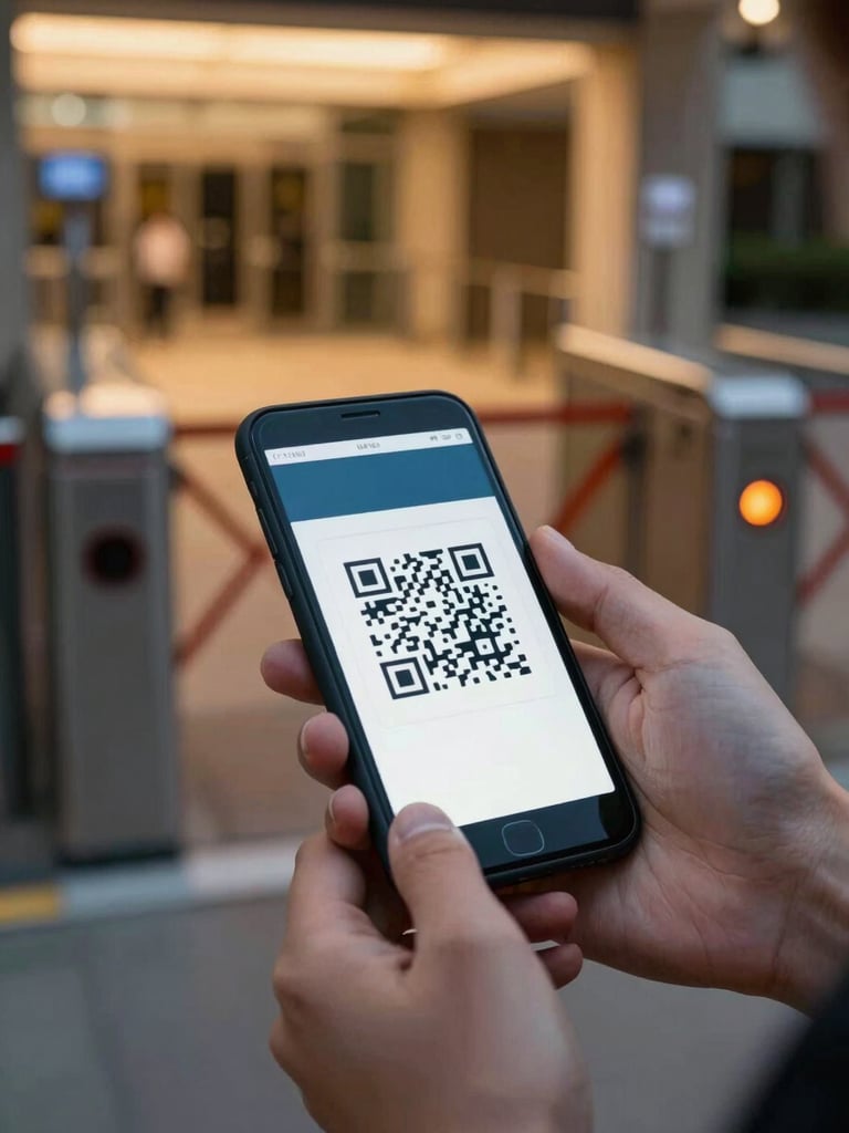 Close-up of hands holding a phone at a venue gate, screen showing a glowing QR confirmation code, gate turnstile visible out of focus in the background, warm evening light from venue entrance