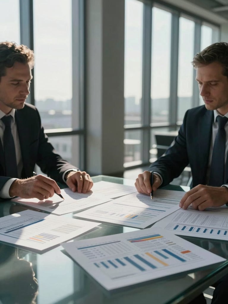 Medium shot of two strategists reviewing printed SEO attribution reports spread across a glass conference table, cinematic sidelighting from tall office windows, deep shadows, no faces fully visible, documents and data charts in foreground