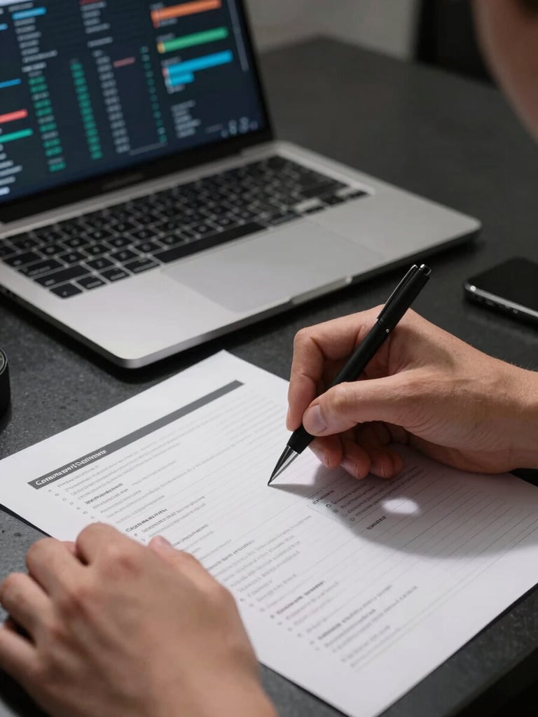 Close-up of hands annotating a printed campaign attribution report on a dark desk, a laptop screen glowing with a data dashboard behind, studio overhead lighting casting sharp shadows, precise and analytical framing