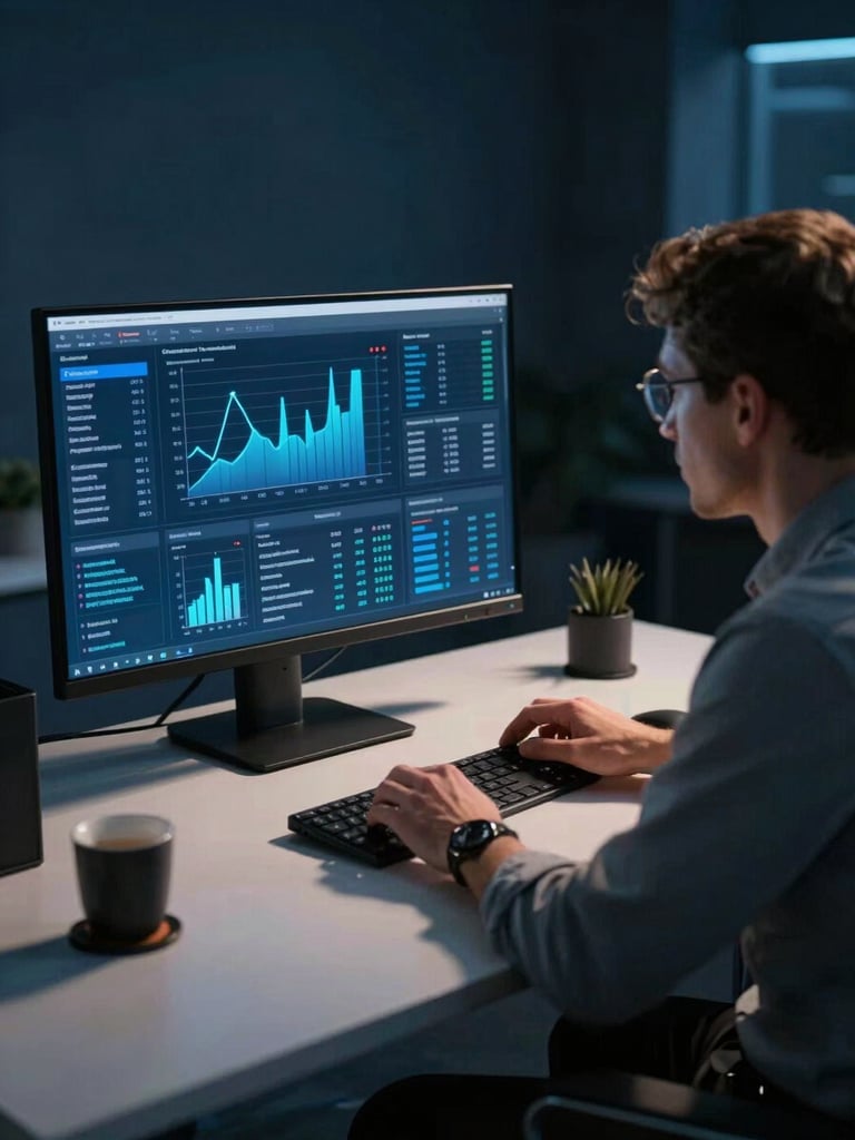 Medium shot of two strategists at a wide desk reviewing a campaign analytics dashboard on a large monitor — electric-blue data charts fill the screen, cinematic sidelight from left casts precise shadows across the desk surface, deep midnight-blue environment
