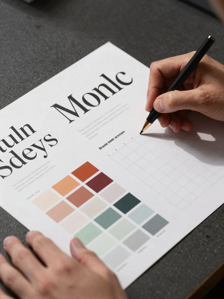 Close-up of hands annotating a brand identity system spread—typography specimens, color palette swatches, and grid layouts on a dark matte desk surface, studio overhead strobes, sharp geometric shadows, no faces