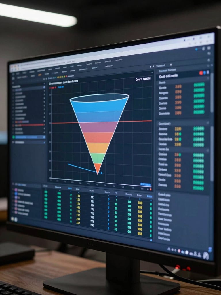Close-up of a large monitor displaying a live PPC performance dashboard—conversion funnel graphs, cost-per-acquisition columns, and attribution path data—lit by studio overhead strobes, sharp contrast, midnight blue interface, no people visible