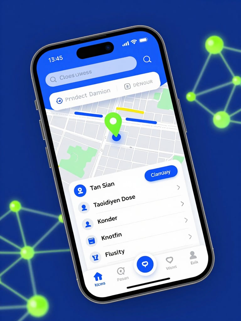 Close-up of a smartphone screen displaying a mobile application interface for campaign management, showing a map with pins, task lists, and communication features, with a subtle glassmorphism effect, in royal blue and neon green accents.