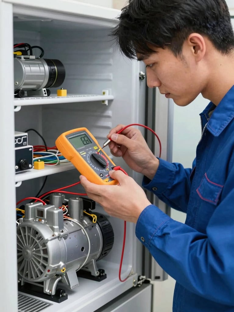Close-up of a clean-cut technician in a blue uniform using a digital multimeter to test wiring harnesses on a modern refrigerator compressor.