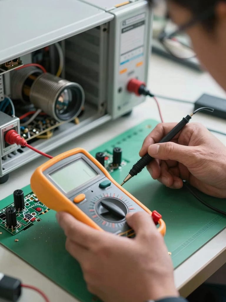 Close-up of a technician's hands using a digital multimeter to test a refrigerator control board on a protective work mat.