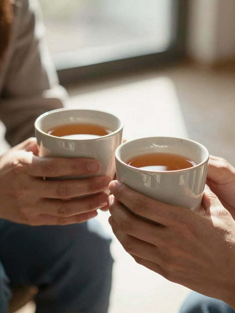A close-up shot of two hands gently holding warm ceramic mugs of tea, soft natural morning light streaming through a window, relaxed shoulders in the background, conveying safety and quiet presence.