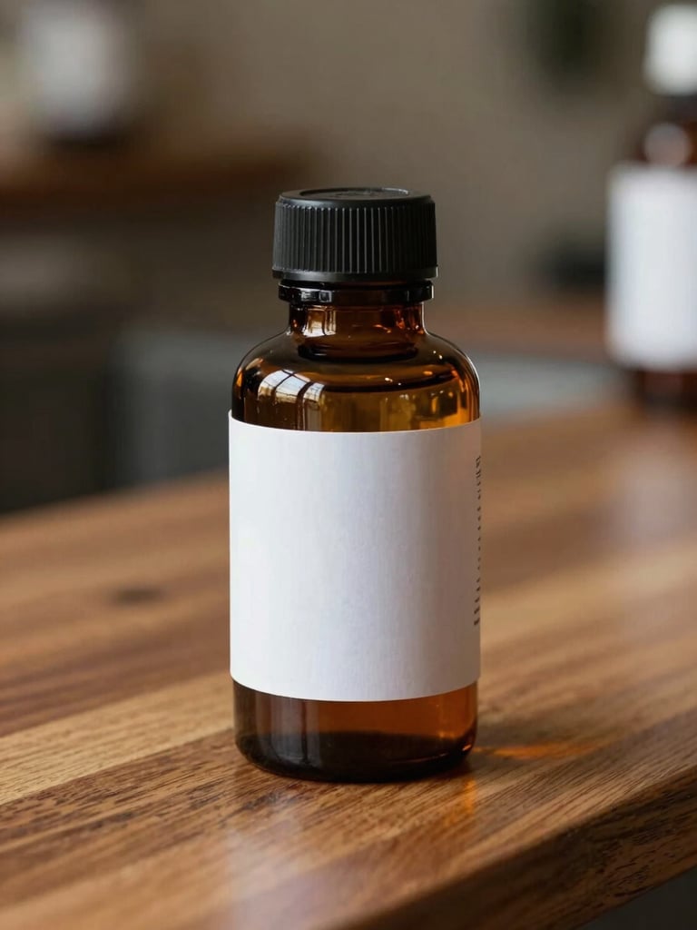 A close-up of a beautifully designed amber glass apothecary jar with a clean, white regulatory label, sitting on a polished wooden counter under warm, natural light.