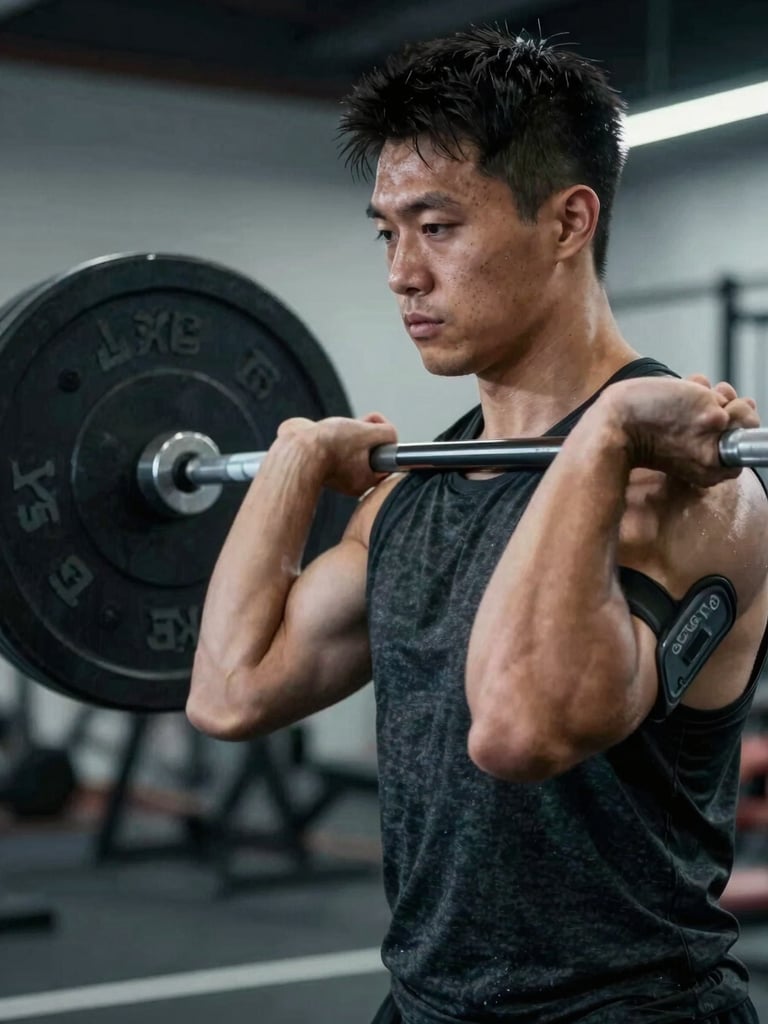 High-contrast, cool-toned portrait of a barbell tracker attached to a sleeve, measuring velocity during a clean, focused on mechanical precision, sharp angles.