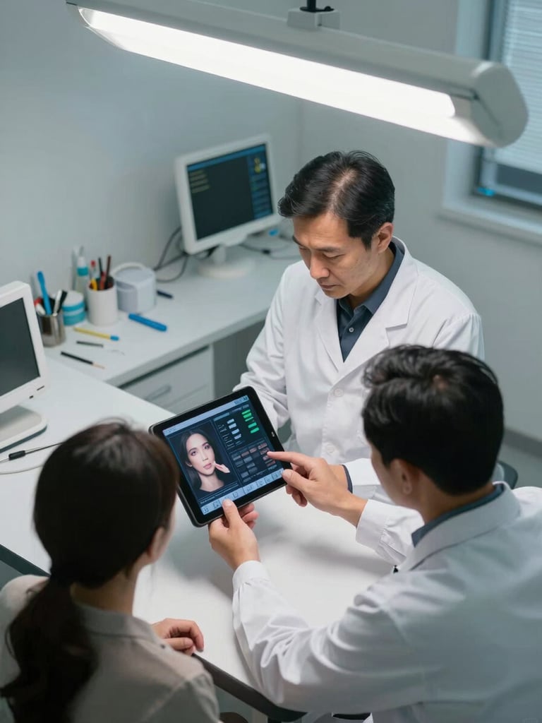 Overhead view of a clinic exam room, a doctor and patient reviewing a voice-input interface on a tablet screen together, fluorescent LED clinical lighting, medical instruments on counter edge, data visible on screen