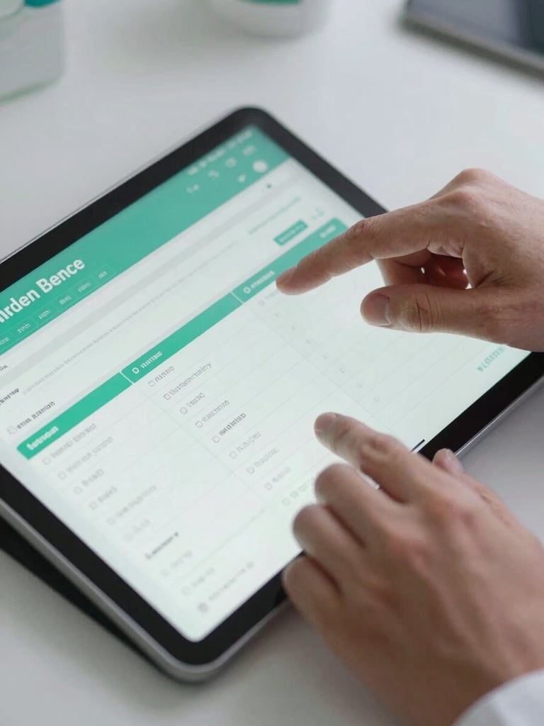 Close-up overhead shot of a physician's hands navigating a tablet displaying a green-accented patient list dashboard, clinical LED lighting, data rows and appointment counts clearly visible on screen, clean desk surface, no faces