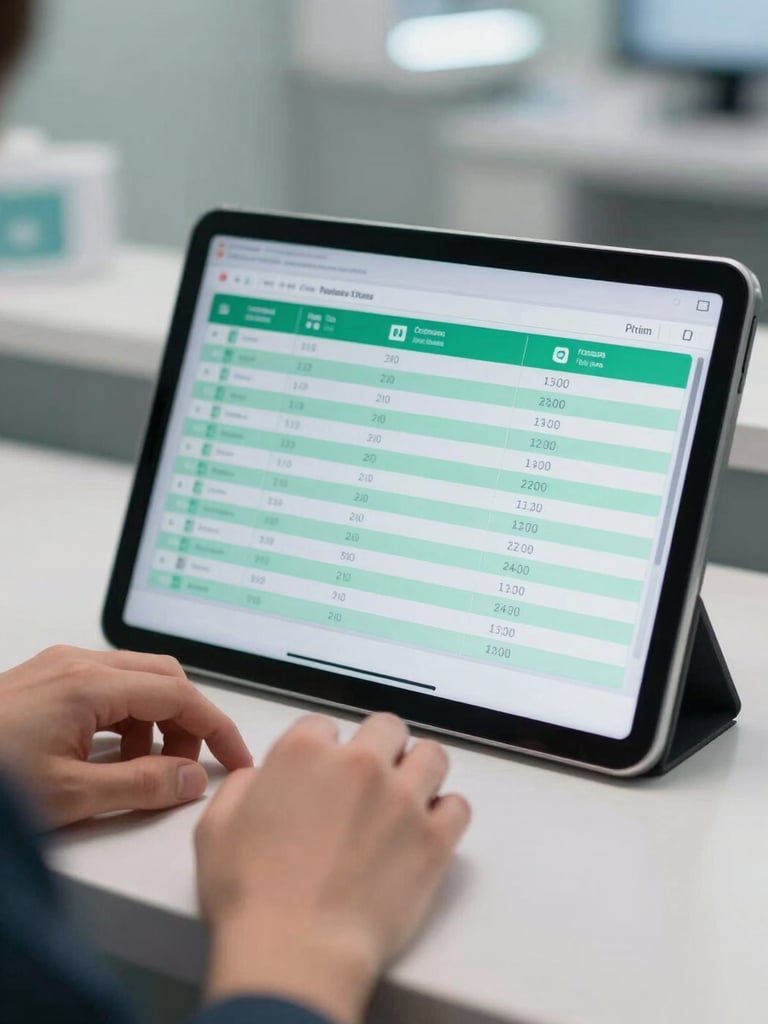 Close-up eye-level view of a clinic front-desk tablet displaying a patient scheduling dashboard with green data rows and appointment counts, hands resting near the screen, ambient LED clinical lighting, clean professional background