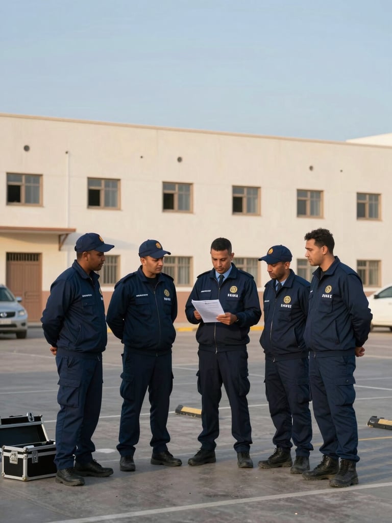 Wide environmental shot, uniformed SAKHI PRO SERVICE team of four workers in dark-blue jackets assembled on the forecourt of a large commercial building in Casablanca, morning daylight, equipment cases visible on the ground, team lead reviewing a checklist — scope and readiness visible in one frame