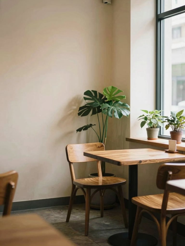 Quiet corner of a warm modern café with soft morning window light, comfortable wide wooden chairs, green potted plants, cream-colored walls, warm editorial photography, 35mm