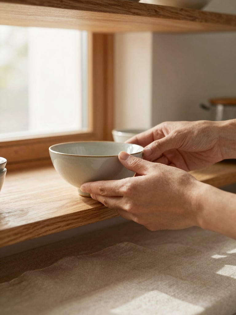 Close-up of hands gently placing a small ceramic bowl onto a wooden kitchen shelf, soft north-facing morning light from a nearby window, warm cream linen surface visible in the lower third, shallow depth of field, lived-in and unhurried