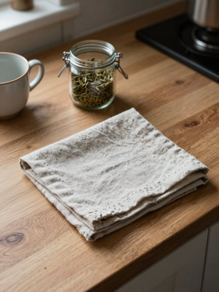 Wide shot of a calm kitchen counter from slightly above, a folded linen cloth beside a glass jar of dried herbs, soft diffused daylight from the left, ceramic mug at the edge of the frame, natural wood grain visible, quiet and domestic