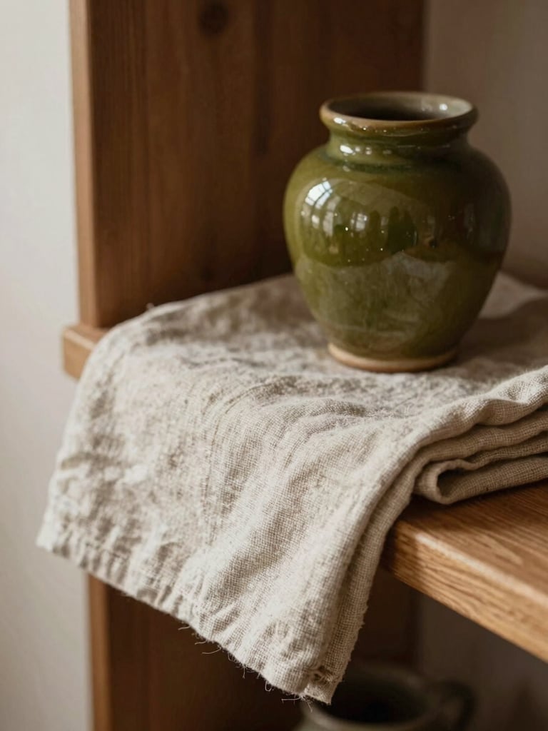 Close-up of a linen cloth folded beside a small olive ceramic jar on a wooden shelf, soft diffused daylight from the left, warm natural texture, calm and unhurried