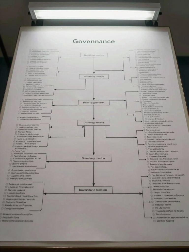 Direct overhead view of a large institutional table — a governance framework diagram printed on matte paper, annotated in pencil with classification notation, fluorescent overhead lighting, no people visible, clinical and precise