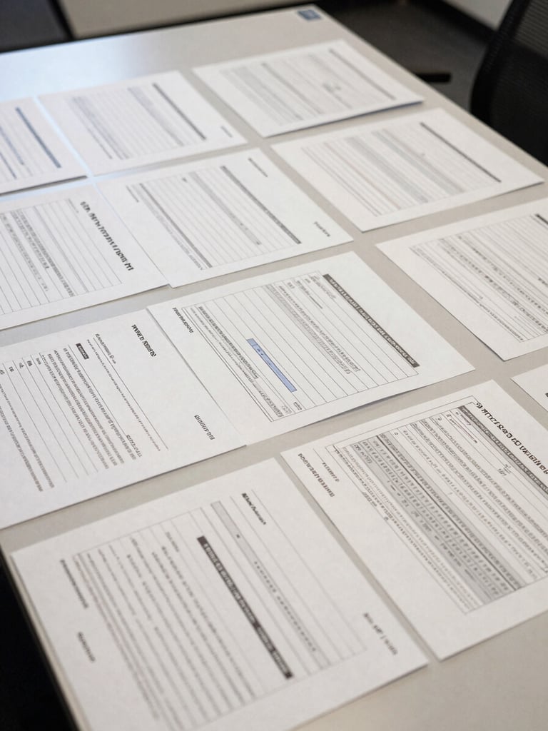 Wide overhead view of a policy audit workspace — structured documentation forms, classification grids, and annotated behavioral data laid flat on a large institutional table under even fluorescent light, papers precisely arranged, no people visible