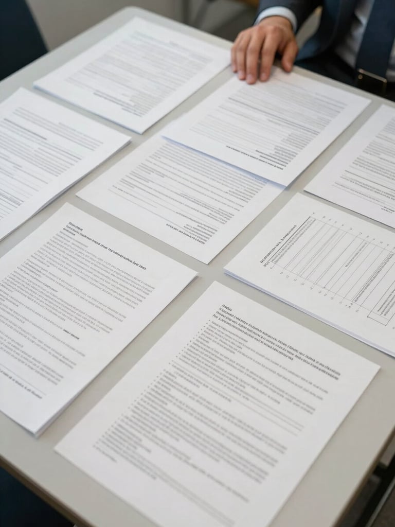 Wide overhead shot of an institutional audit workspace — structured policy documents and annotated frameworks spread across a matte table surface, a single hand resting at the edge mid-notation, even fluorescent institutional lighting, no shadows