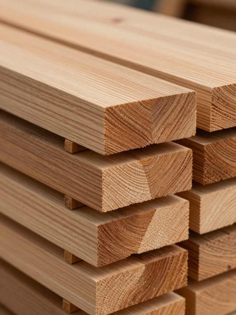 Close-up detail of hardwood timber boards stacked and ready for a build — shot in natural workshop light from the side, emphasizing wood grain texture, end-grain rings, and the warm tones of the timber, no people, tight frame