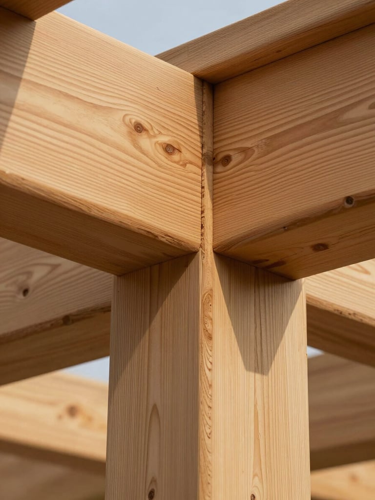 Extreme close-up of a timber pergola beam-to-post intersection in afternoon light, grain-matched hardwood surfaces meeting at a precise mortise joint, no metal bracket hardware visible from below, shadow line tracing the joint edge, photographed from beneath looking up, natural daylight only