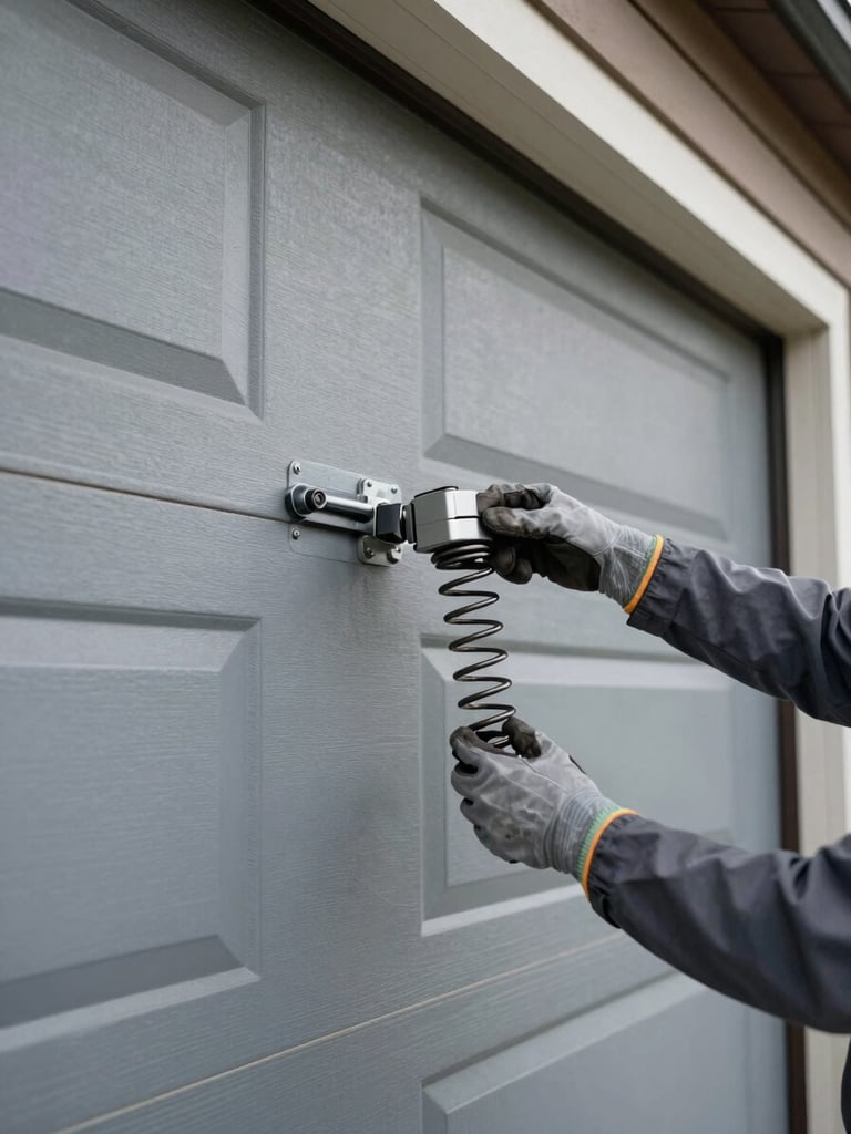 Wide side-angle shot of a technician's gloved hands replacing a coiled torsion spring on a residential garage door, overcast natural daylight, metal hardware and door panels filling the frame, no staging
