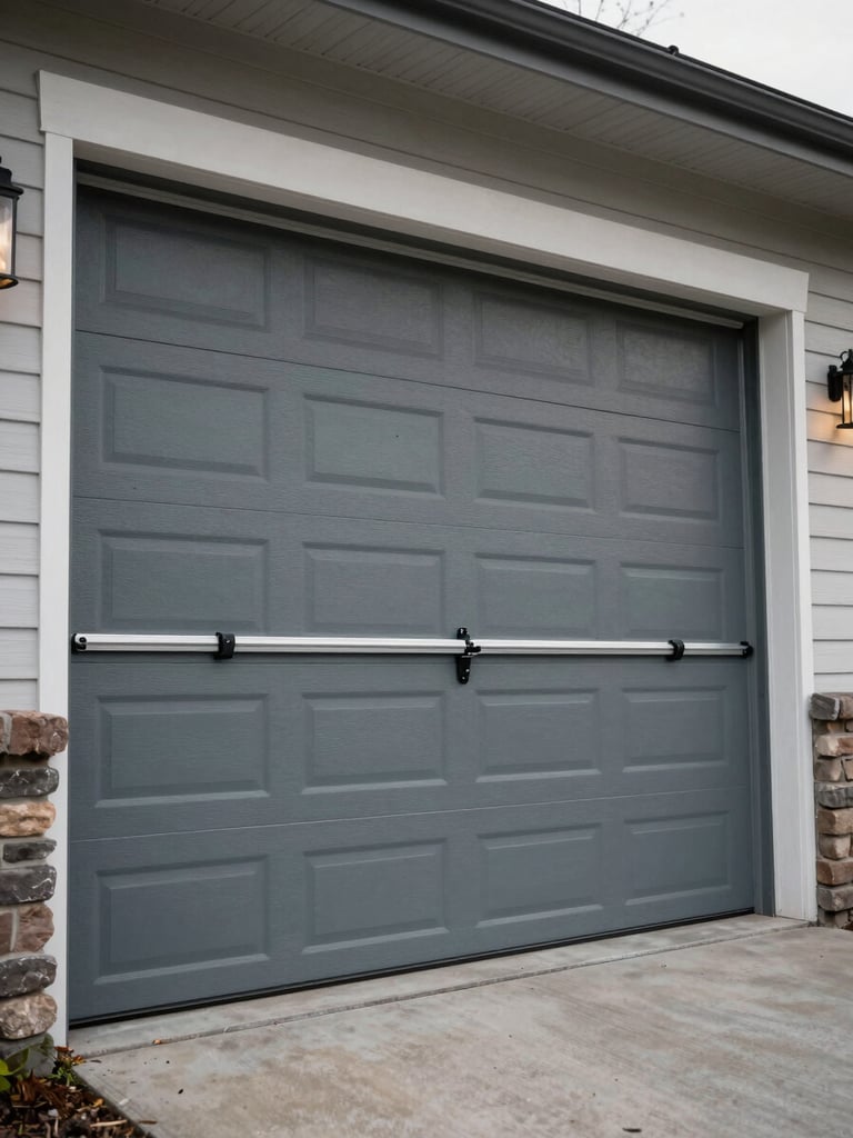 Wide shot of a residential garage door exterior, overcast morning light, door partially open revealing spring hardware and metal tracks, documentary framing from slight low angle, muted grays