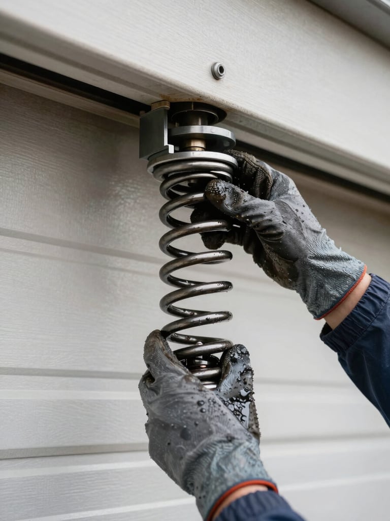 Close-up of a technician's gloved hands adjusting a garage door torsion spring, natural overcast daylight from the left, worn metal hardware and grease visible, shot from slightly above at a side angle