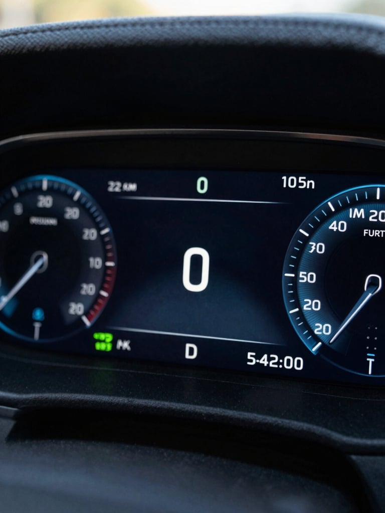 Macro shot of a high-contrast dark mode dashboard interface displaying real-time vehicle telemetry, glowing blue data streams, and green status indicators on a dark screen