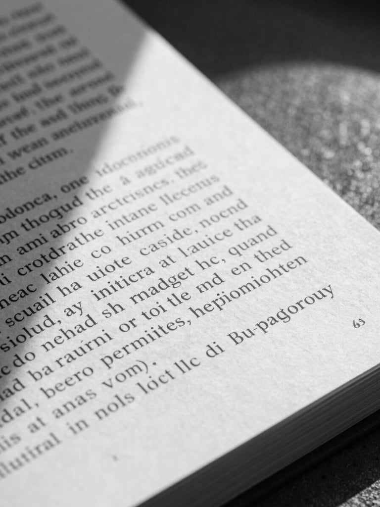 Tight macro crop of printed editorial text on heavy paper, sharp direct midday sun casting hard geometric shadows, black and white.