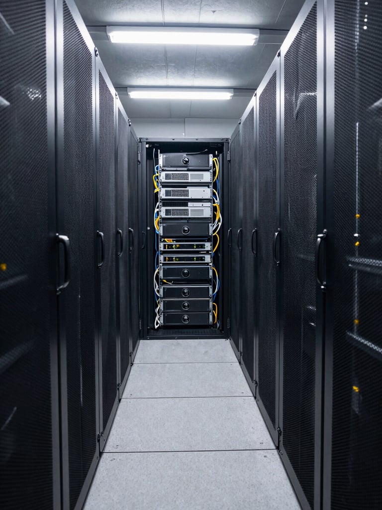 Wide shot of a server room interior, dense rack-mounted equipment with neatly routed cables, cold-aisle containment visible, overhead fluorescent lighting casting even white light across the equipment faces, shot from the end of the row looking down the aisle