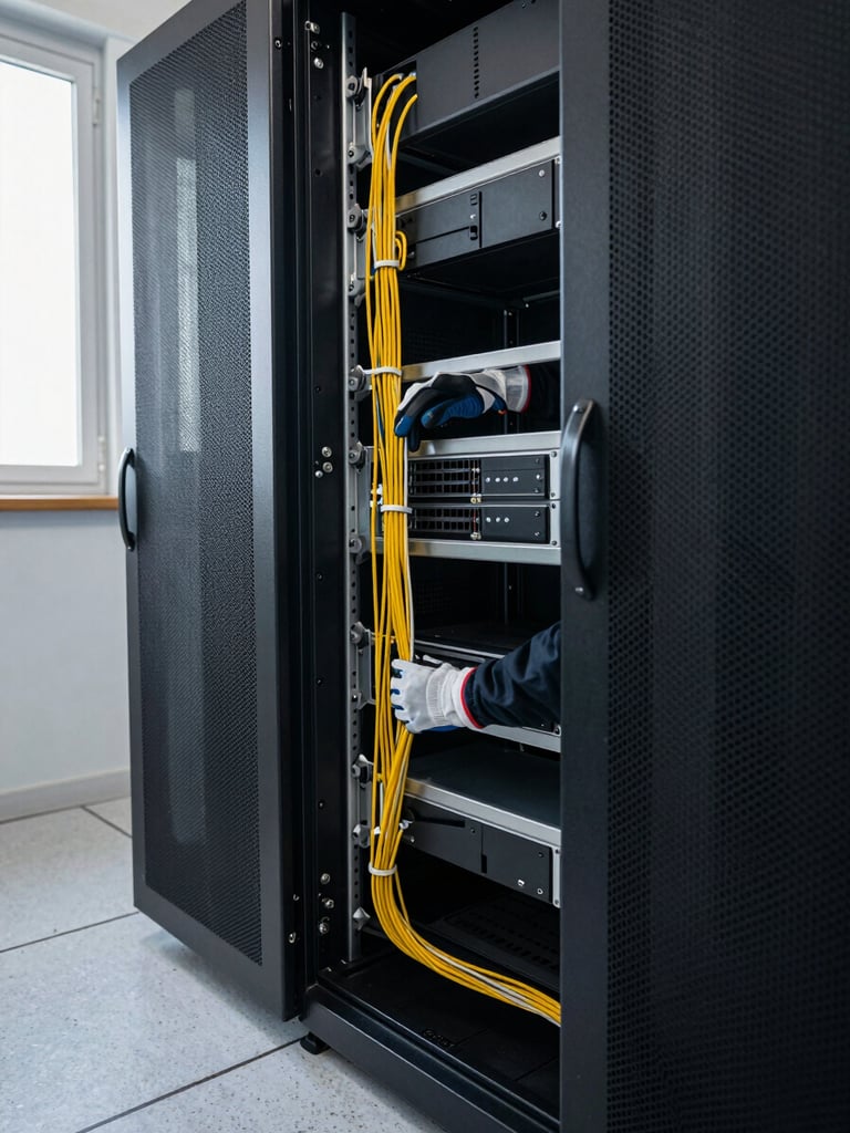 Wide shot of an open server rack during installation, technician's gloved hands routing cables along vertical cable manager, natural window light from the left, clean concrete floor visible below rack, no face shown