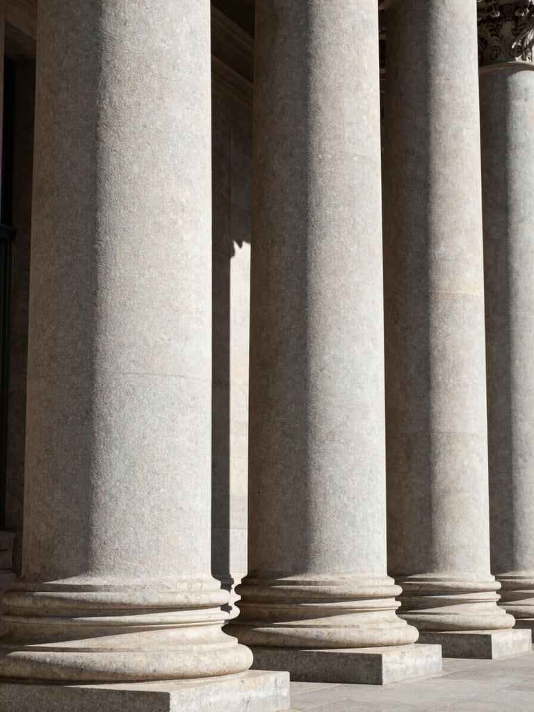 Sharp architectural detail of an institutional building in Madrid, clean granite columns, high-contrast natural daylight with deep shadows.