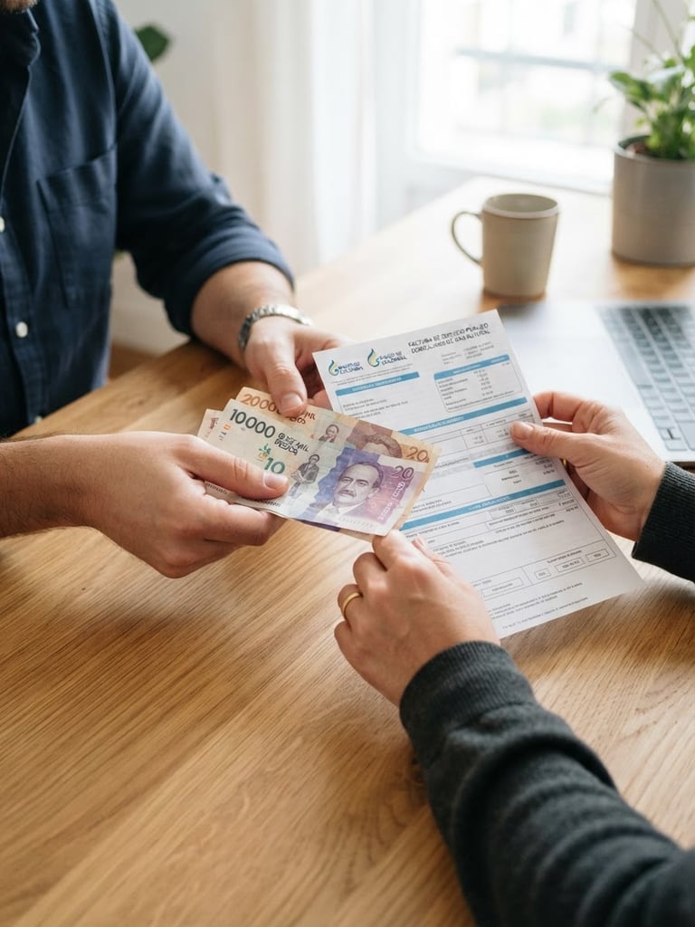 Close-up of hands exchanging Colombian peso bills and a physical gas utility bill on a clean wooden desk, bright and clear indoor lighting, natural colors, 35mm