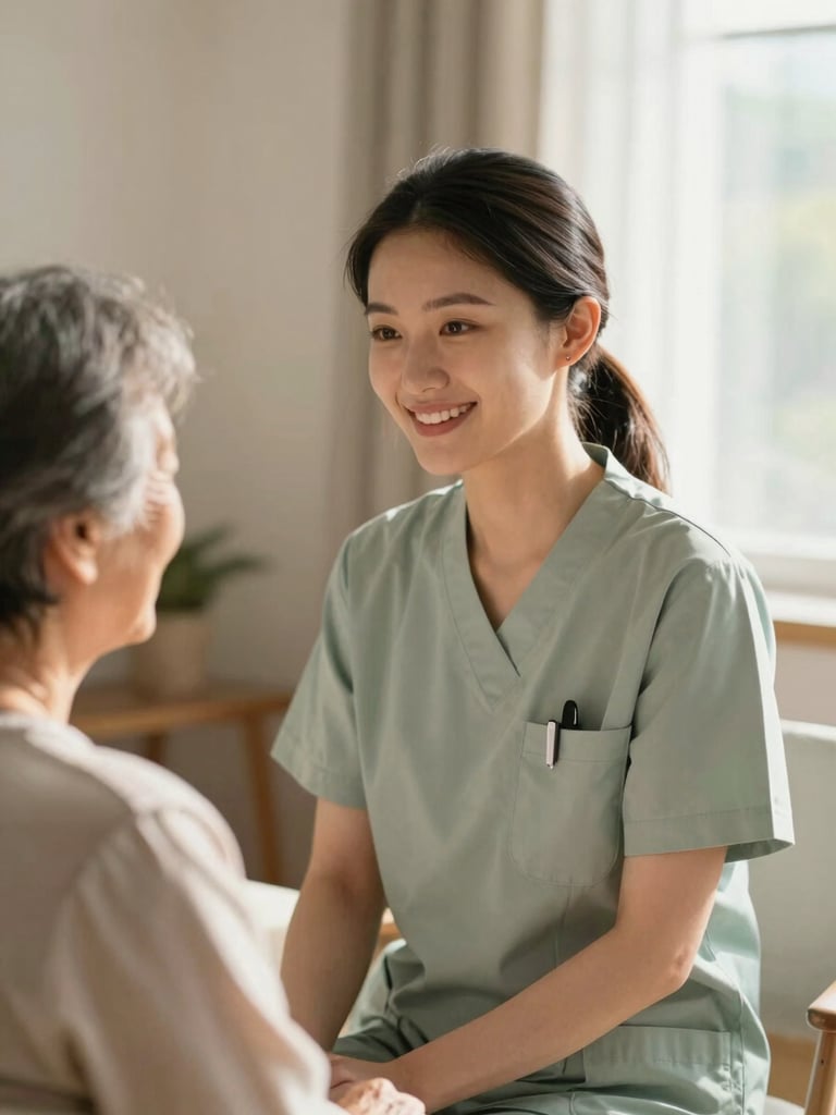 Warm profile portrait of a friendly female nurse in a soft sage green shirt talking to an elderly woman in a sunlit room, authentic interaction, natural window light, shallow depth of field.