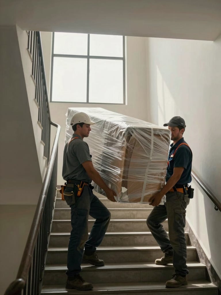 Medium-wide shot from a building stairwell, two workers carefully carrying a large wrapped piece of furniture down a narrow flight of stairs, natural window light from a landing above casting soft shadows, protective blankets visible around the item, focus on the careful grip and coordinated movement