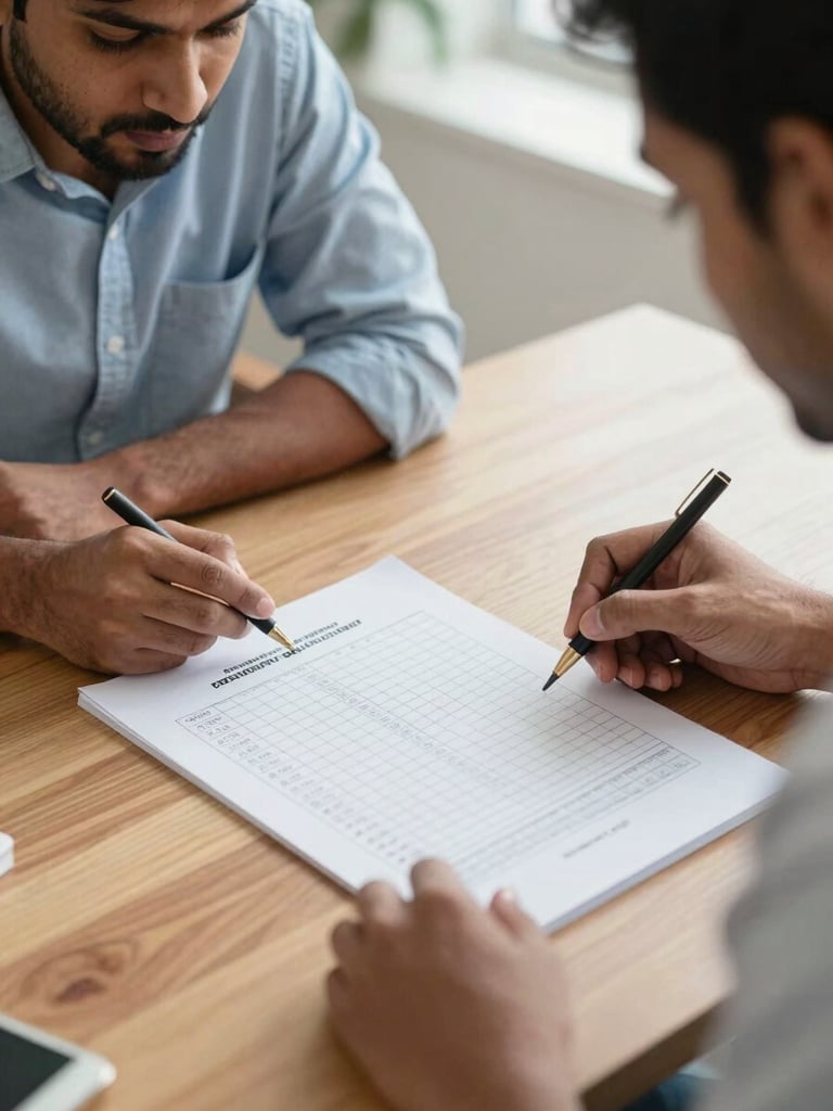 A close-up shot of an Indian parent and consultant reviewing physical engineering and medical counseling seat matrix documents together on a clean wooden desk, natural daylight.