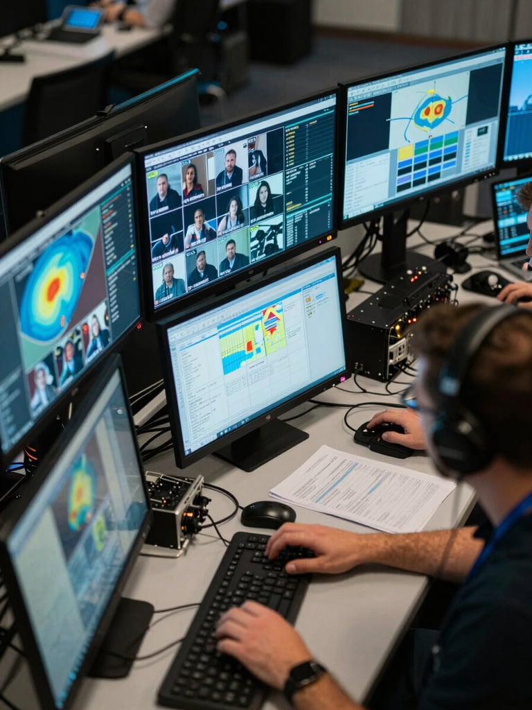 Close-up overhead shot of an event control room with multiple monitors displaying real-time attendee data graphs and heatmaps, operators at workstations, cool blue ambient light, cables and hardware visible on the desk surface, desaturated industrial tone