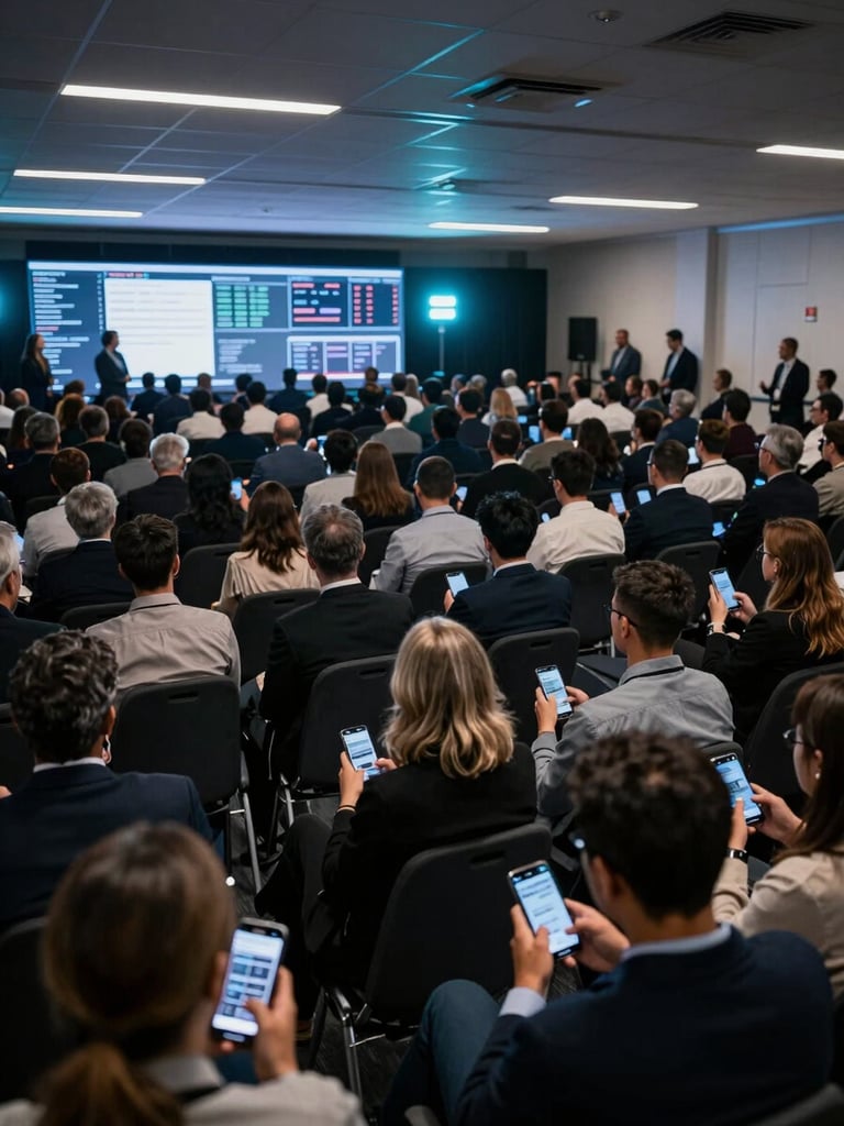 Wide overhead shot of a packed corporate event venue, hundreds of attendees visible holding smartphones and tablets, cool blue-tinted practical lighting from above, screens displaying live data dashboards at the far end, desaturated ambient atmosphere with a single cyan accent glow from a central display rig