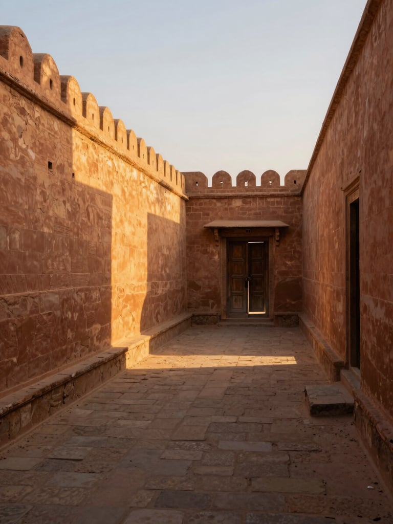 Wide portrait framing of a narrow stone lane in a Rajasthani old city at early morning, warm golden light raking across terracotta walls from the left, a wooden door in shadow at the far end, no people, dust visible in the light shaft