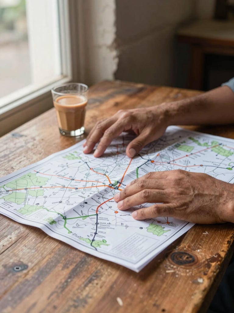 Close environmental shot of a guide's hands spread over a hand-drawn paper route map on a worn wooden table, a small glass of chai beside it, natural window light from the left, stone wall visible in background, no faces