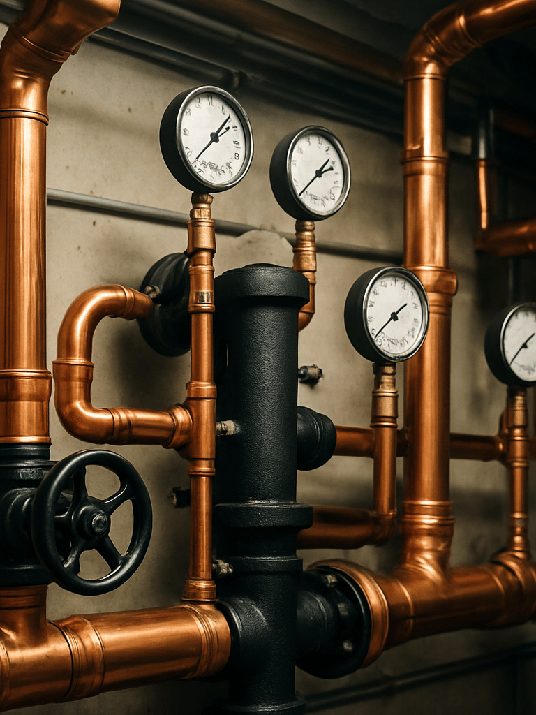 High-contrast industrial boiler room manifold with pristine copper piping and pressure gauges under clean utility-room lighting, portrait framing.