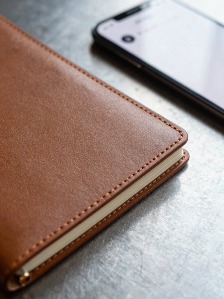 Macro detail of a physical leather notebook alongside a clean digital interface on a steel desk, cool natural lighting, soft shadows.